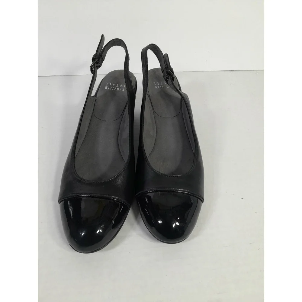 Stuart Weitzman Wedge Heel sz 8 N Women Cap Toe Shoe Black Leather Slingback